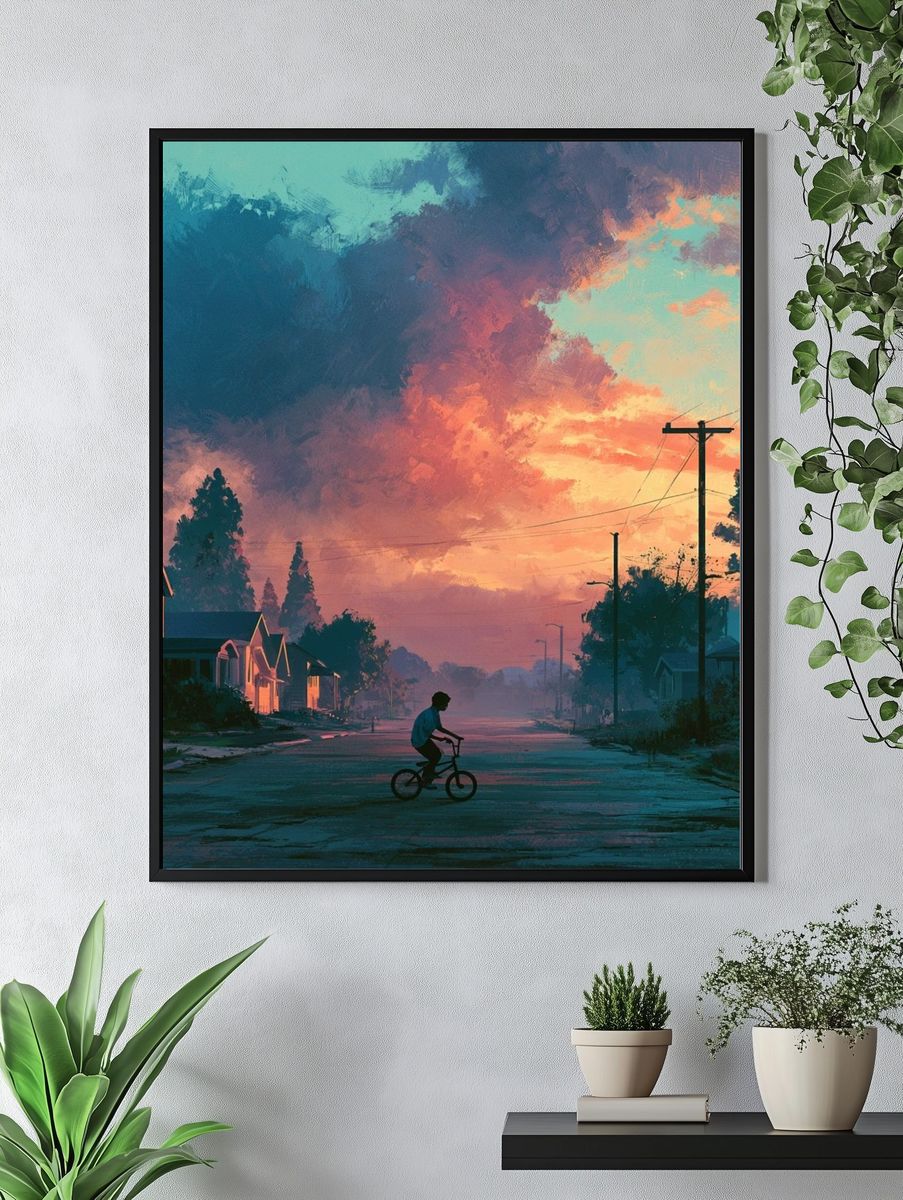 Sunset Street Cyclist Illustration Poster. — room view 4