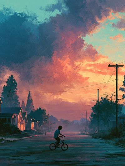 Sunset Street Cyclist Illustration Poster. poster