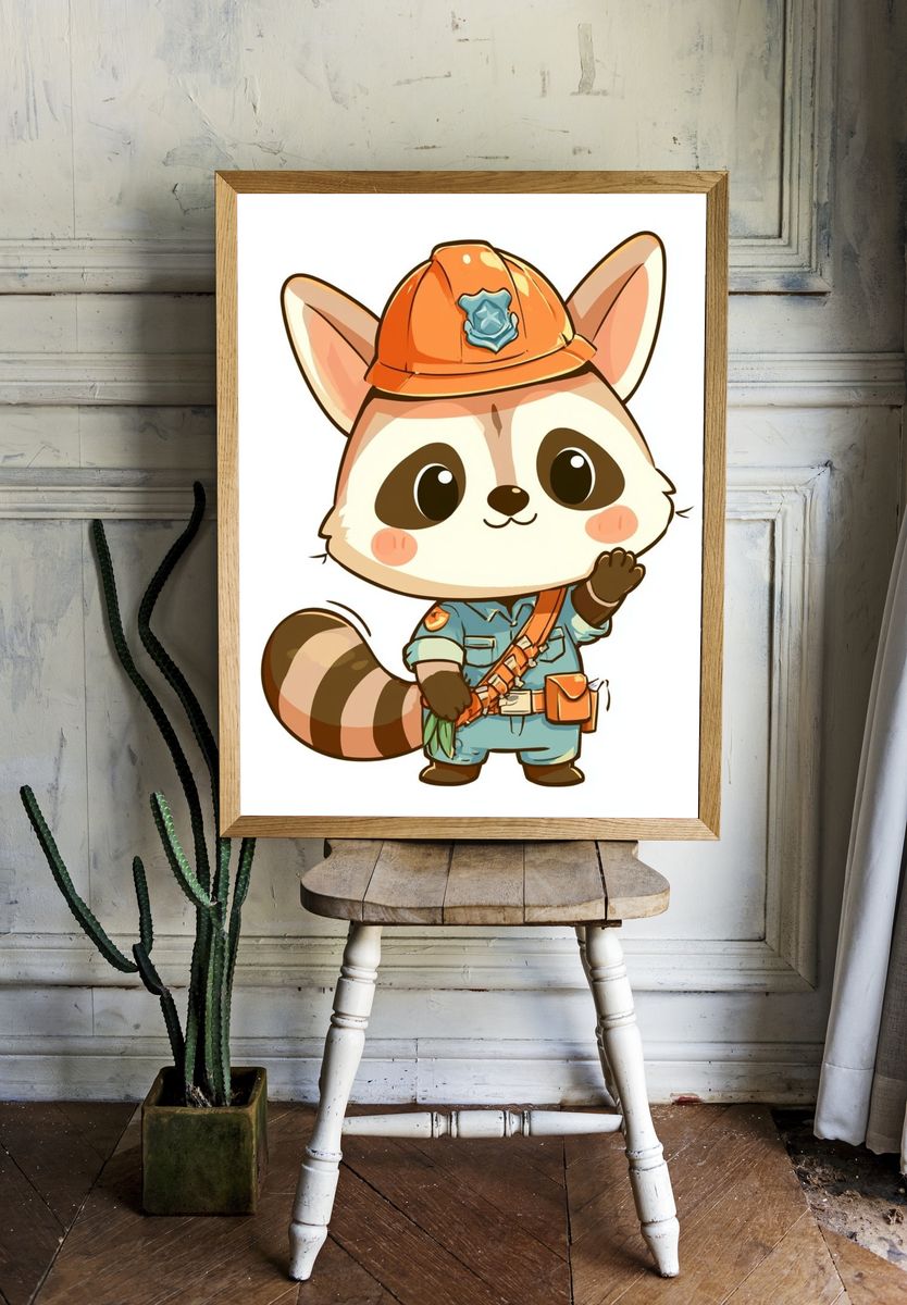Cute Raccoon Officer Illustration Poster. — room view 1