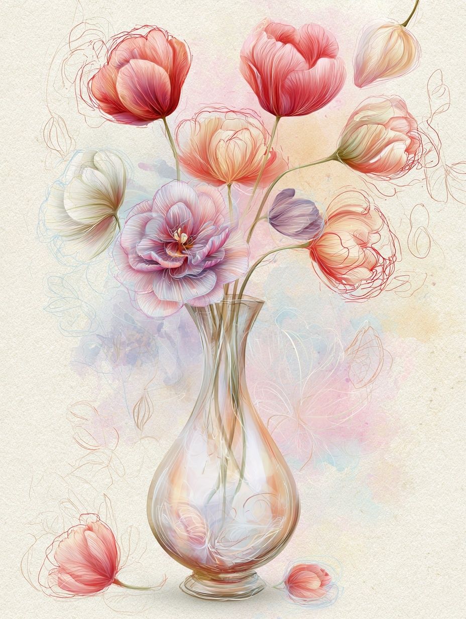 Pastel Tulips in Vase Illustration Poster. poster — illustration art