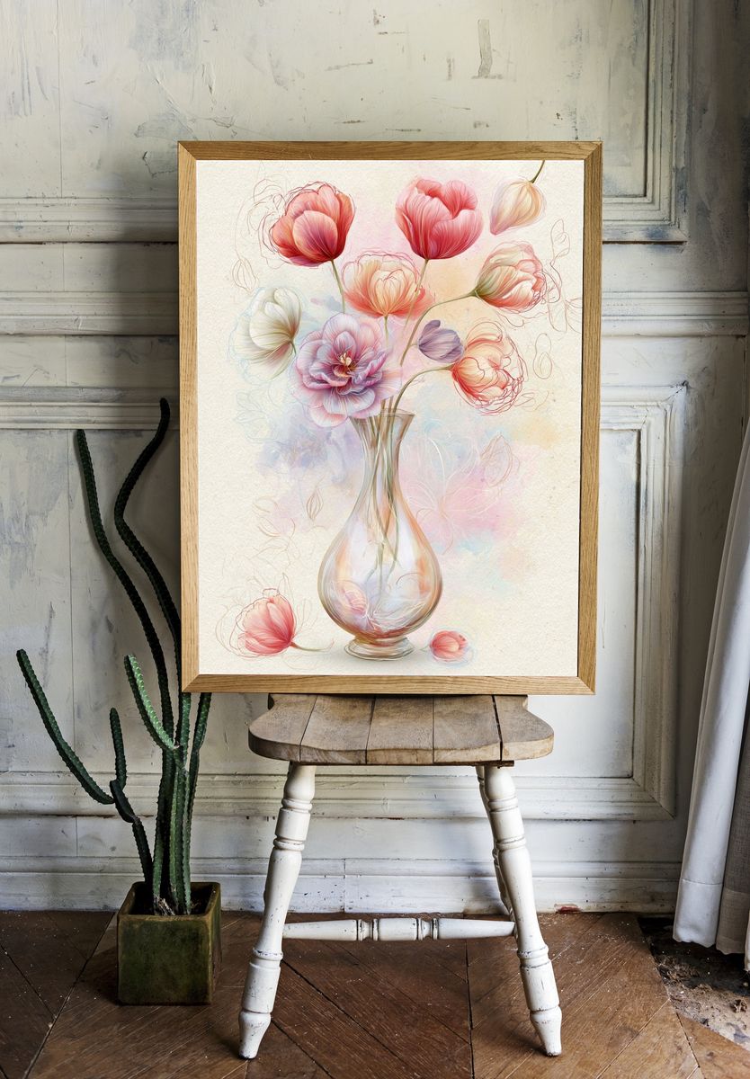Pastel Tulips in Vase Illustration Poster. — room view 1