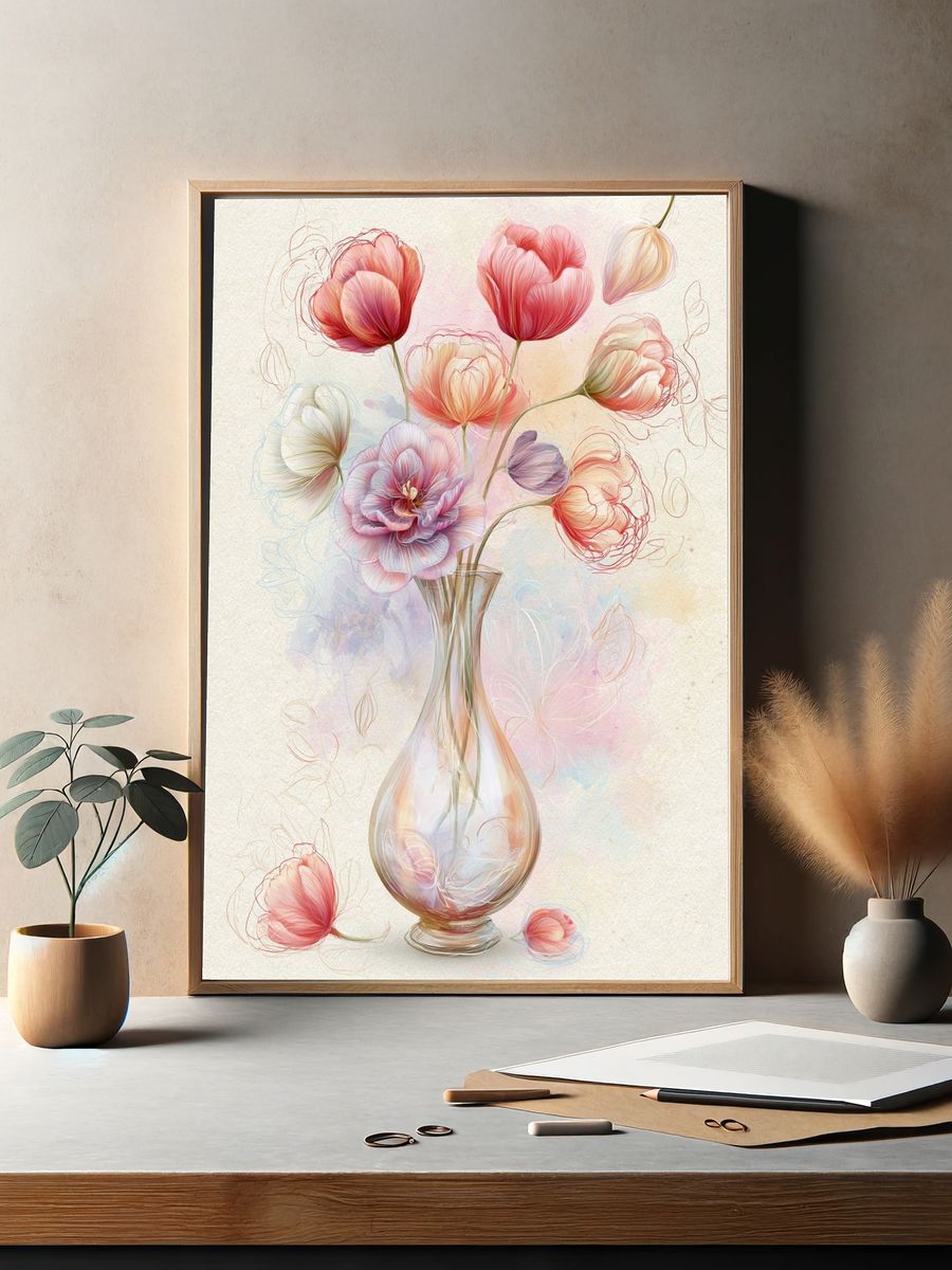 Pastel Tulips in Vase Illustration Poster. — room view 2