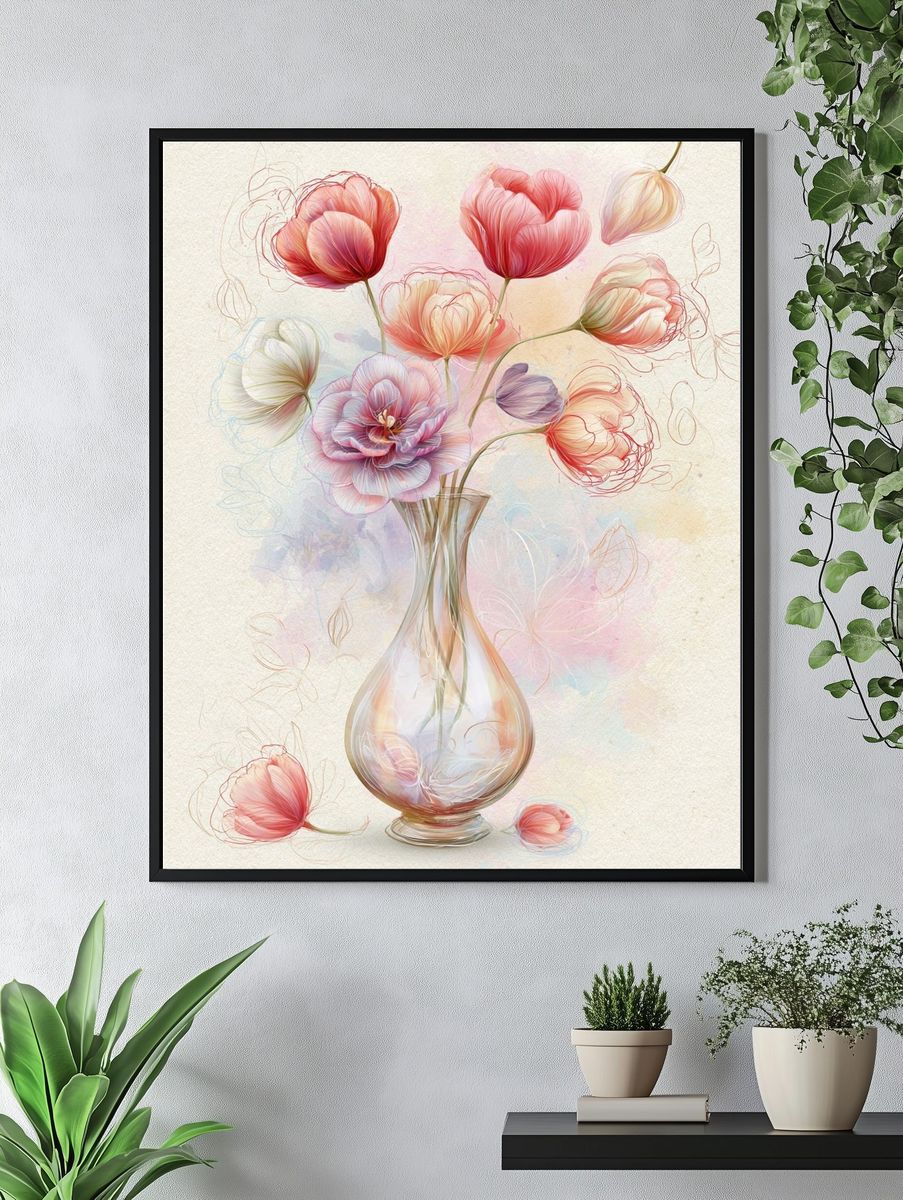 Pastel Tulips in Vase Illustration Poster. — room view 4