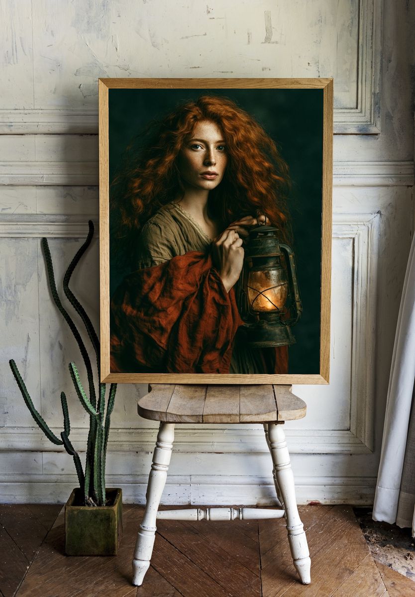 Red-Haired Lantern Portrait Print. room preview