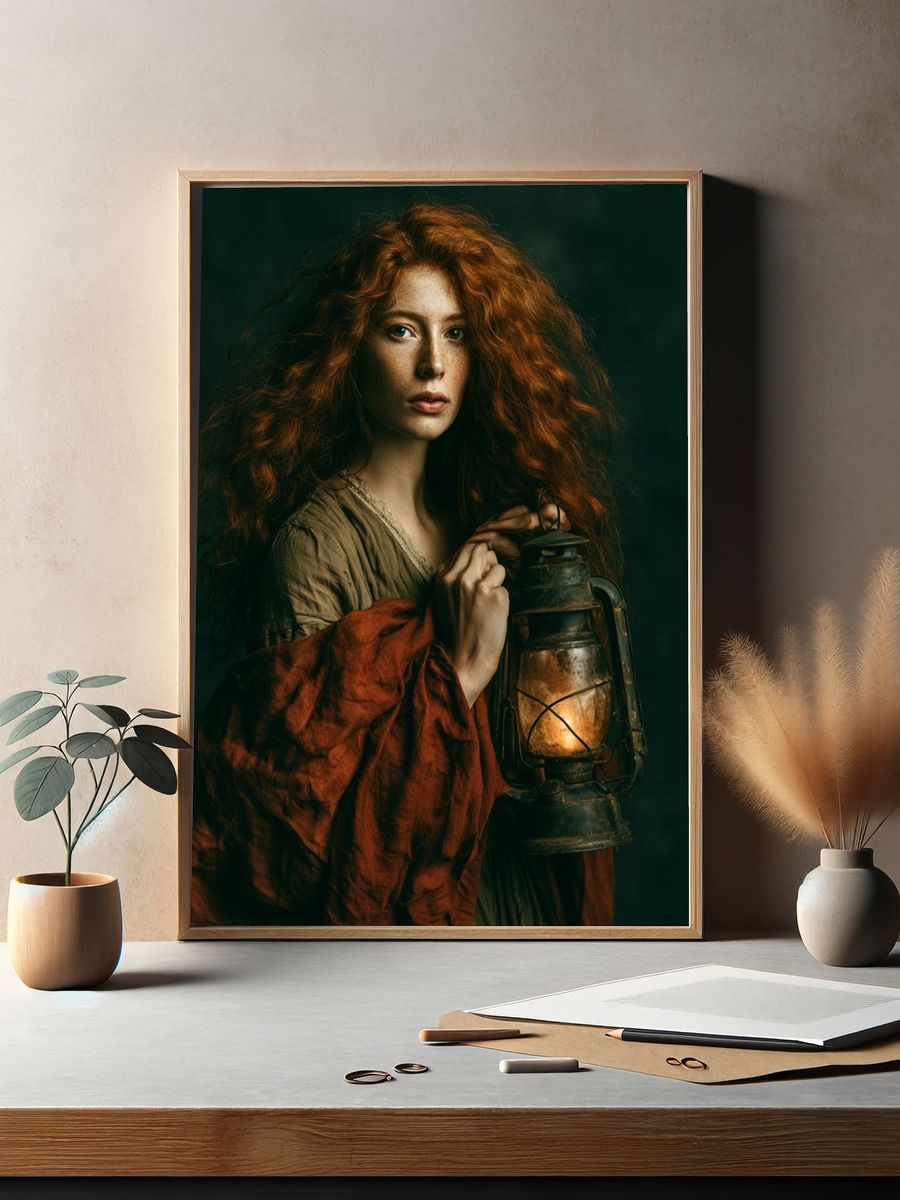 Red-Haired Lantern Portrait Print. — room view 2