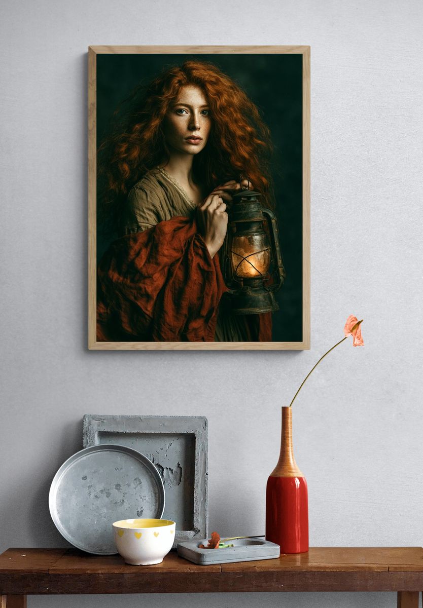 Red-Haired Lantern Portrait Print. — room view 3