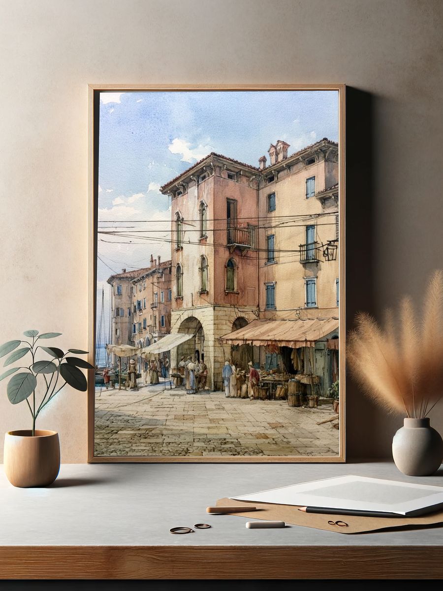 Mediterranean Harbor Watercolor Poster. — room view 2
