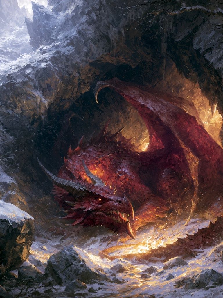 Fire Dragon in Snowy Cave Print. poster detail