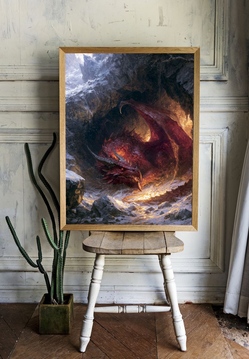 Fire Dragon in Snowy Cave Print. — room view 1
