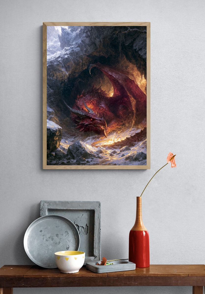 Fire Dragon in Snowy Cave Print. — room view 3