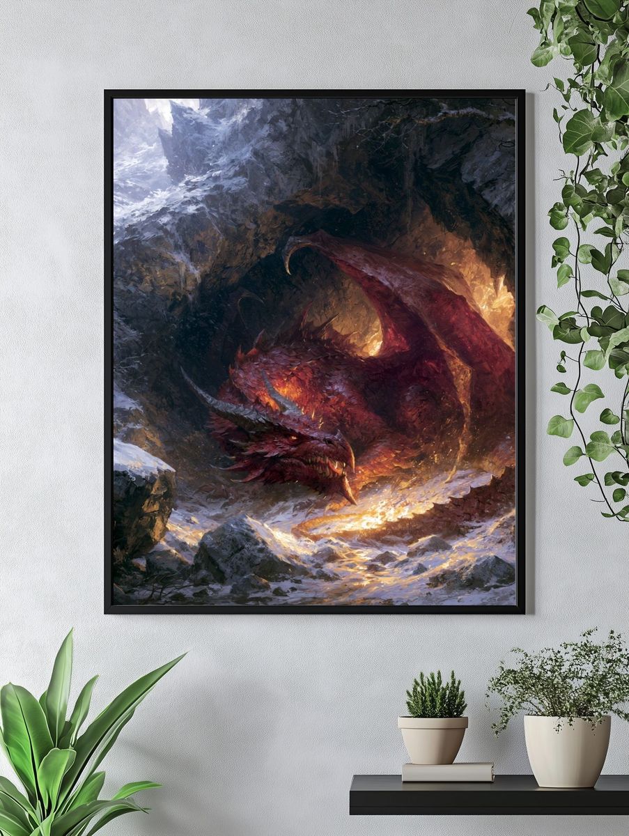 Fire Dragon in Snowy Cave Print. — room view 4