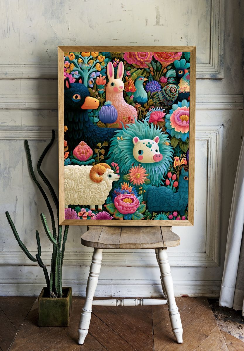 Whimsical Floral Animals Illustration Poster. room preview