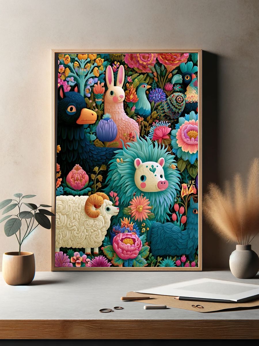Whimsical Floral Animals Illustration Poster. — room view 2