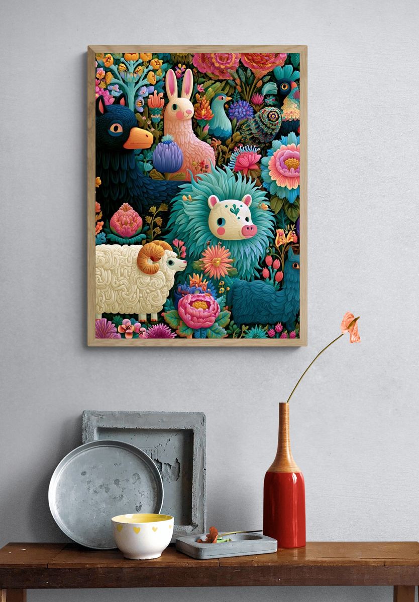 Whimsical Floral Animals Illustration Poster. — room view 3
