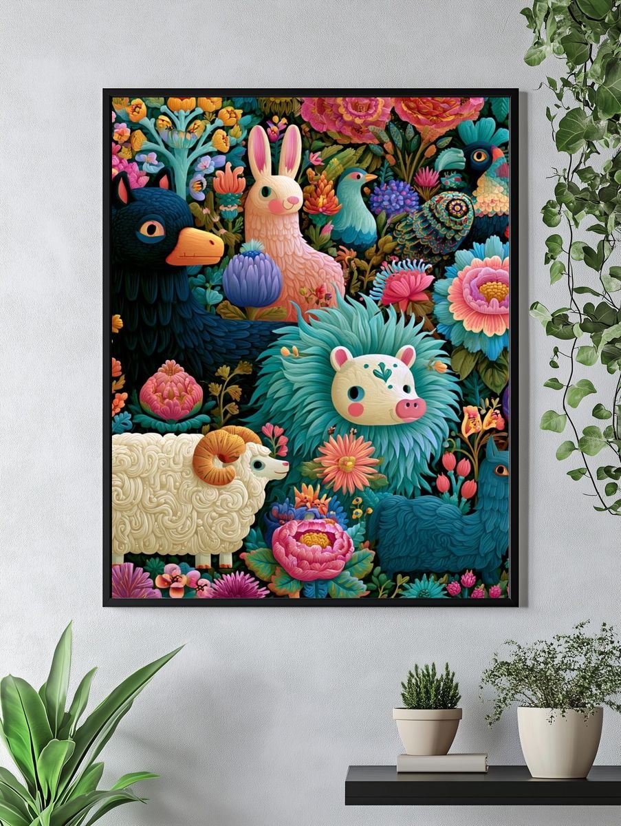 Whimsical Floral Animals Illustration Poster. — room view 4