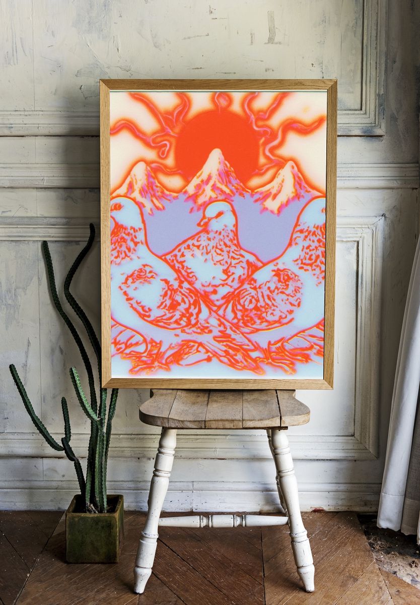 Pigeons and Sun Surreal Poster. room preview