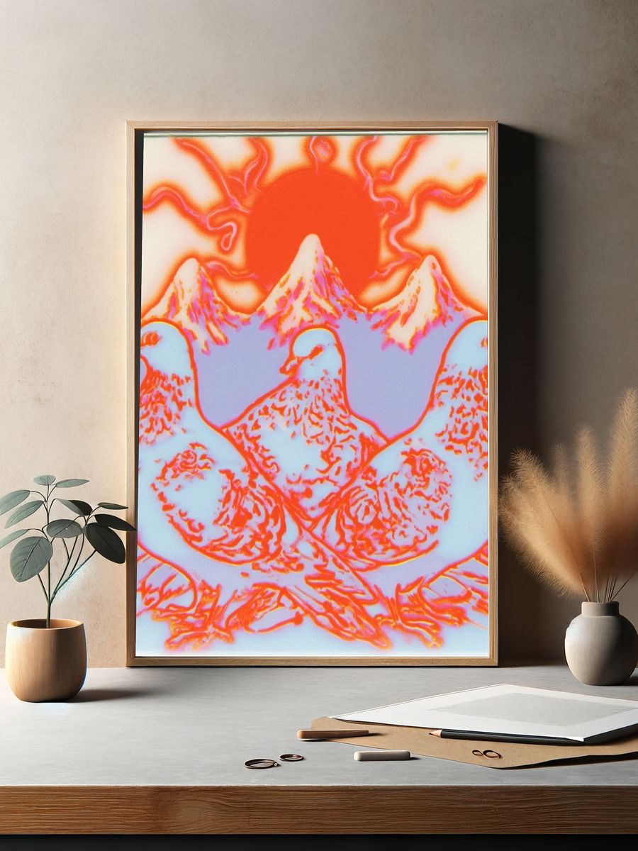 Pigeons and Sun Surreal Poster. — room view 2