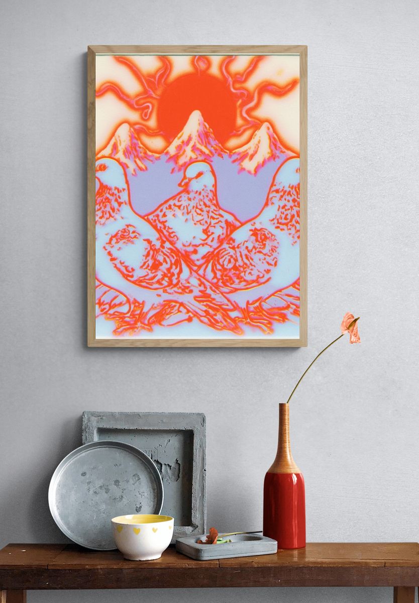 Pigeons and Sun Surreal Poster. — room view 3