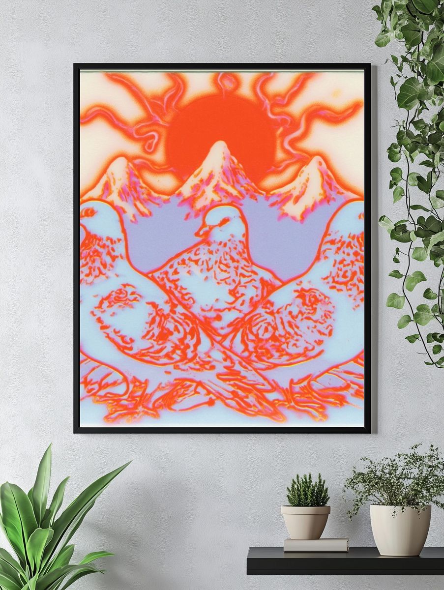Pigeons and Sun Surreal Poster. — room view 4