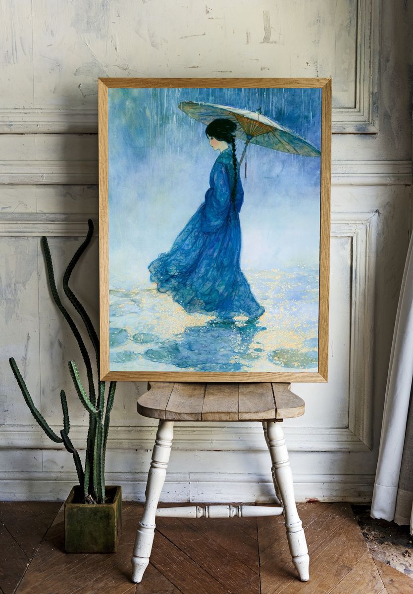 Umbrella Girl Watercolor Print. room preview