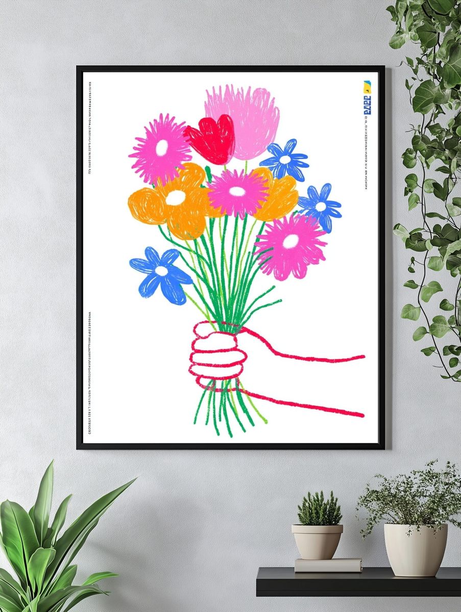 Childlike Flower Bouquet Illustration Poster. — room view 4