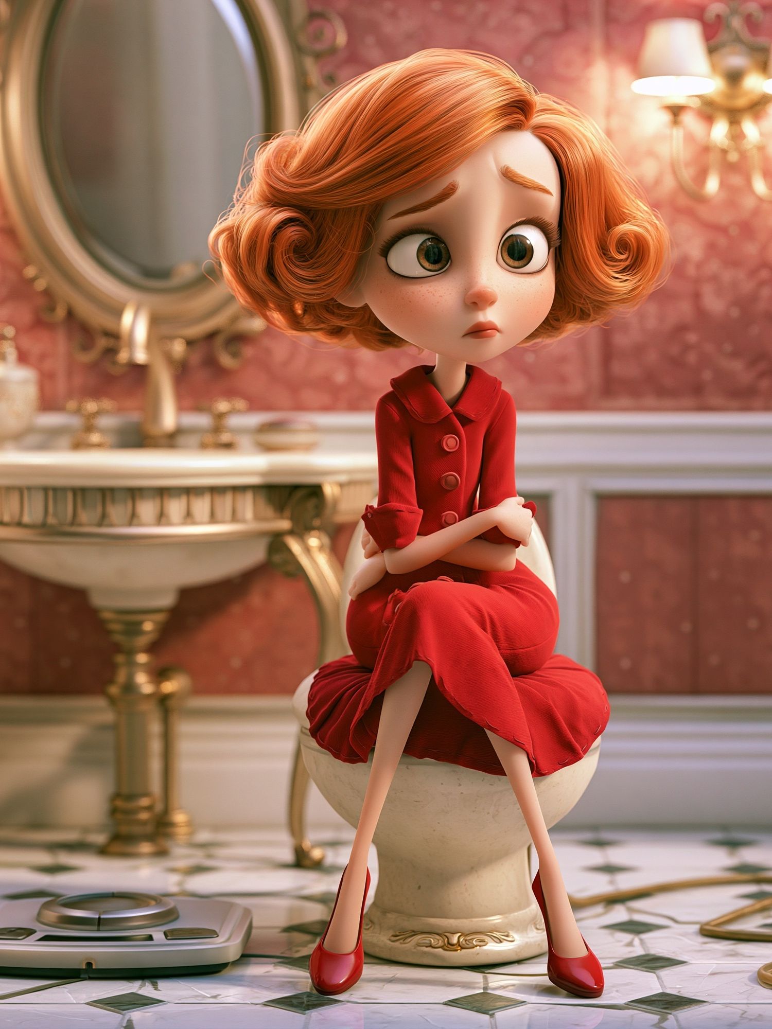 Red-Haired Girl in Bathroom Illustration Poster. poster — illustration art