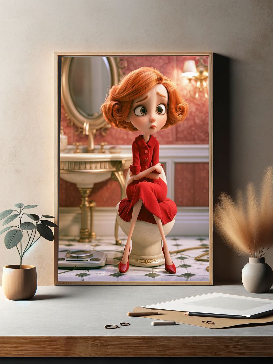 Red-Haired Girl in Bathroom Illustration Poster. — room view 2
