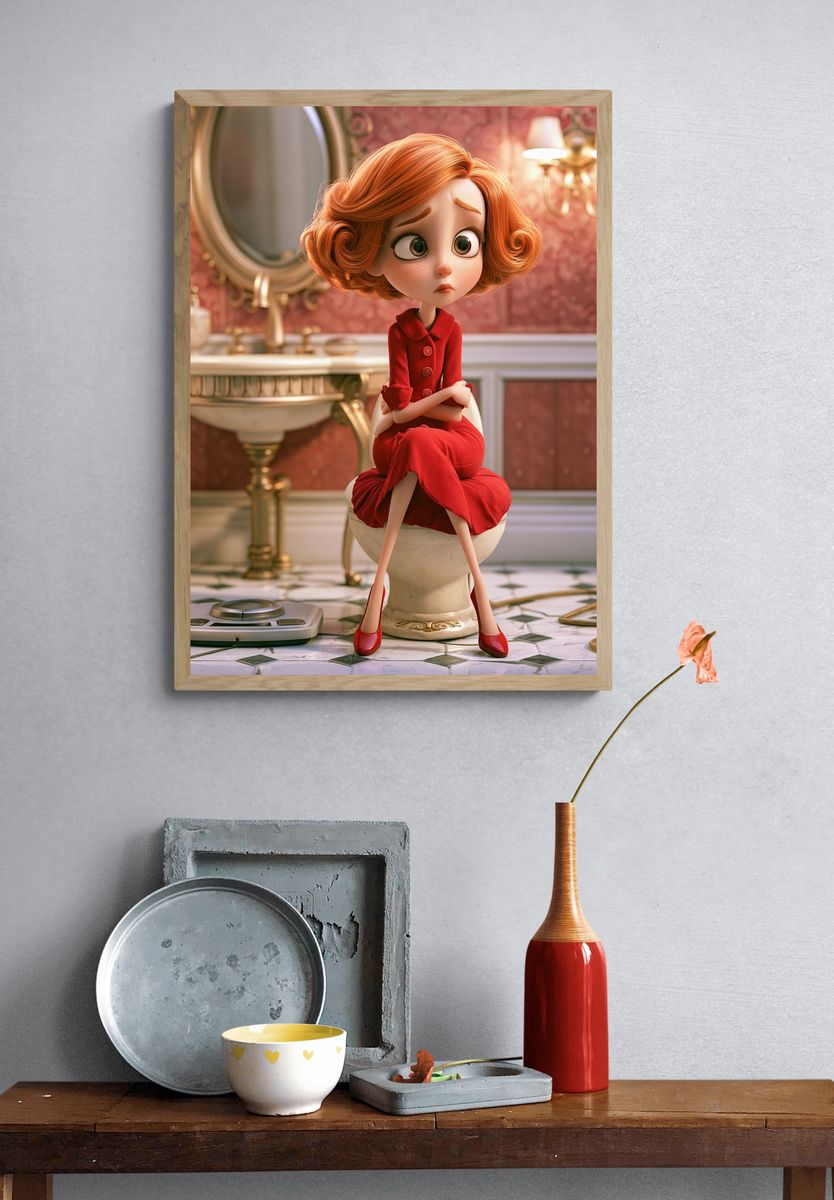 Red-Haired Girl in Bathroom Illustration Poster. — room view 3