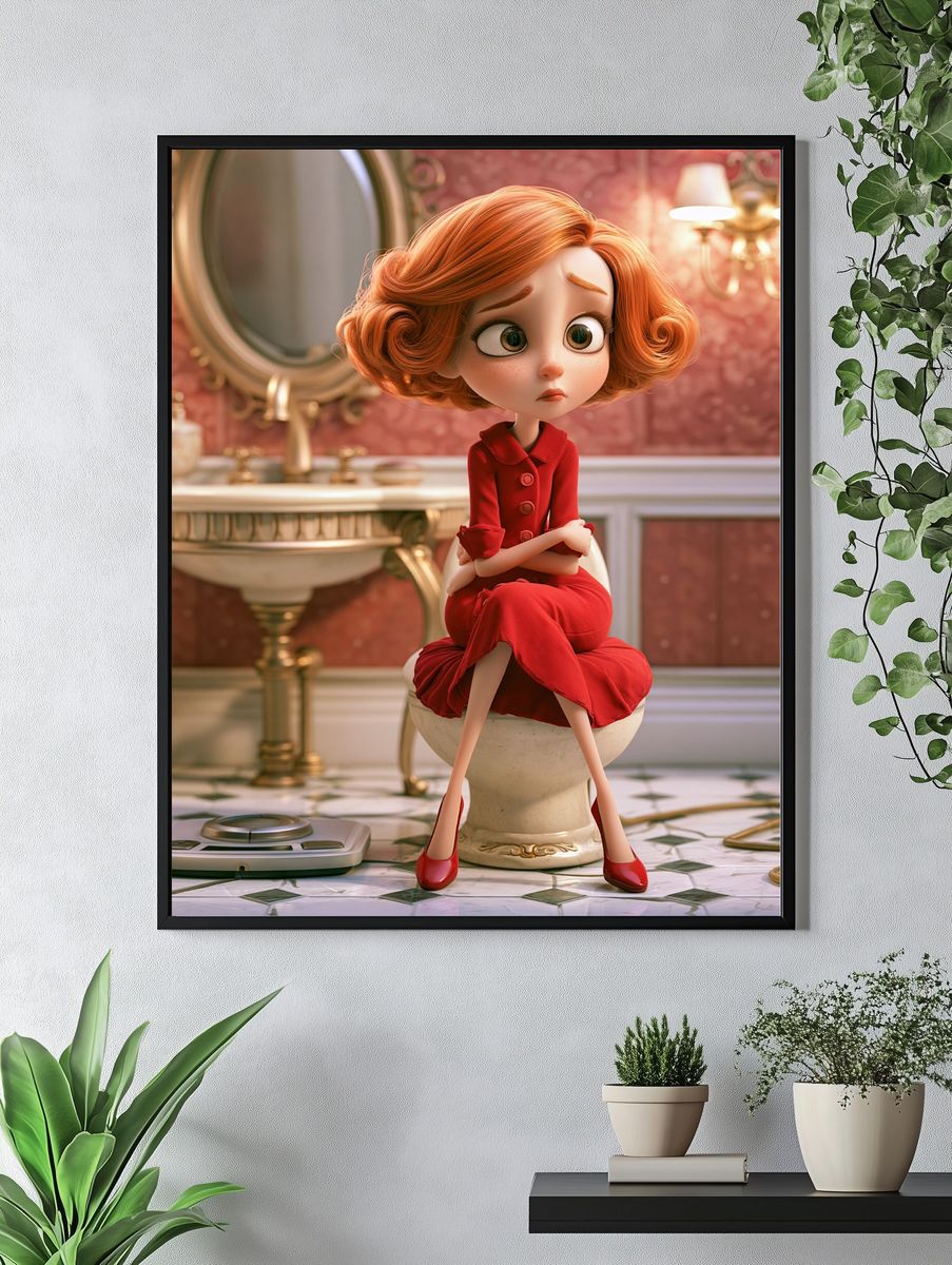 Red-Haired Girl in Bathroom Illustration Poster. — room view 4
