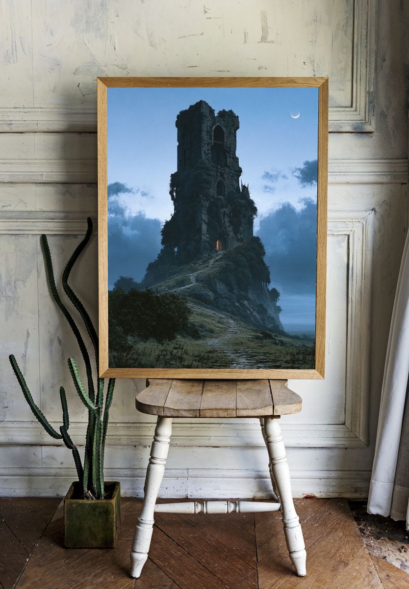 Moonlit Ruin Tower — Fantasy Print. — room view 1