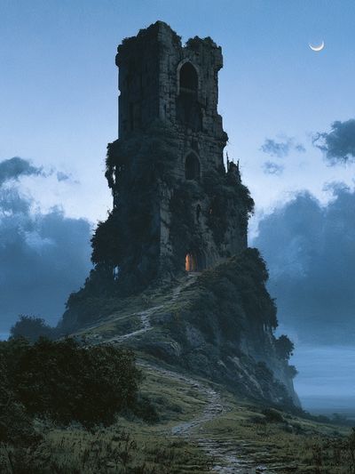 Moonlit Ruin Tower — Fantasy Print.