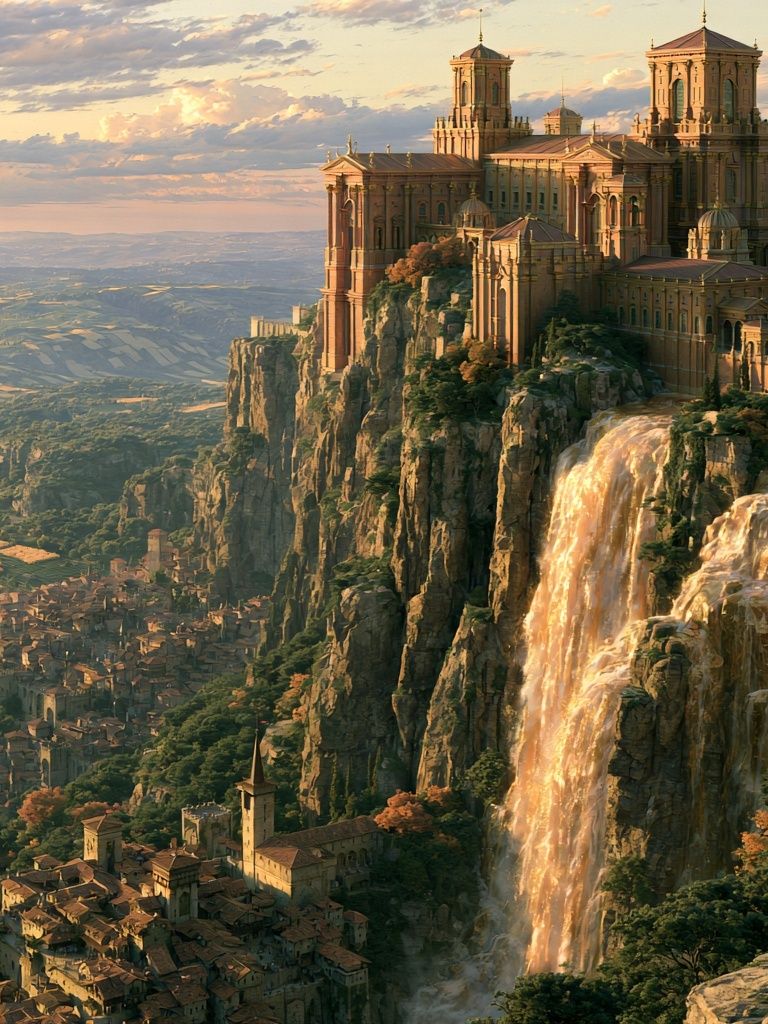 Cliffside Cathedral Fantasy Landscape Print. poster detail