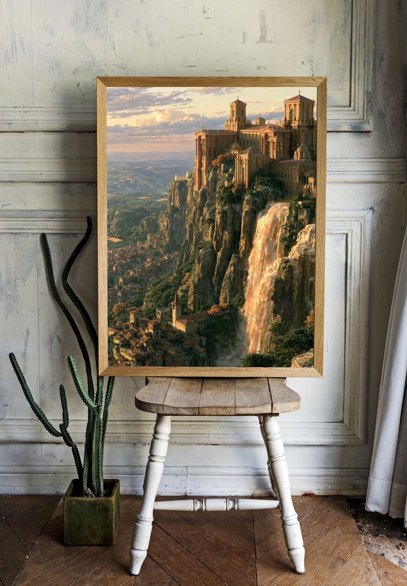 Cliffside Cathedral Fantasy Landscape Print. room preview