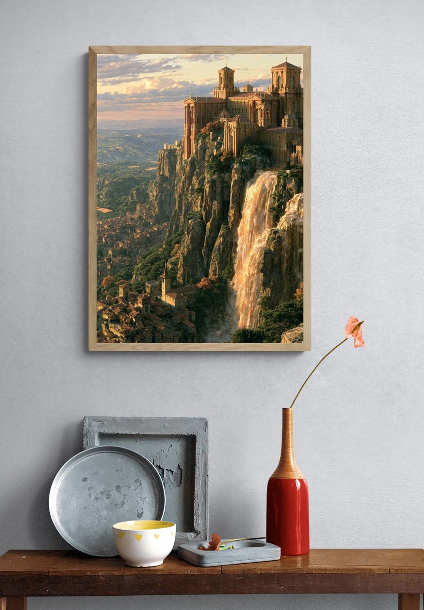 Cliffside Cathedral Fantasy Landscape Print. — room view 3