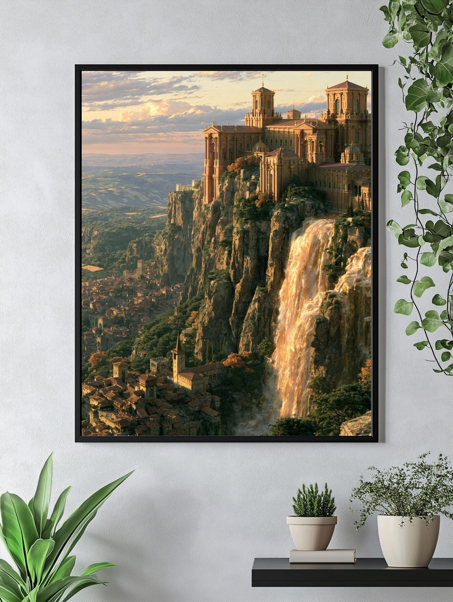 Cliffside Cathedral Fantasy Landscape Print. — room view 4