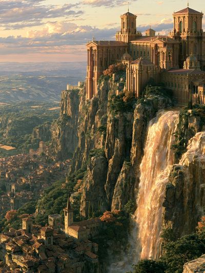 Cliffside Cathedral Fantasy Landscape Print.