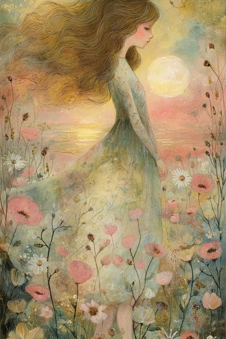 Dreamy Floral Girl Illustration Poster. poster detail