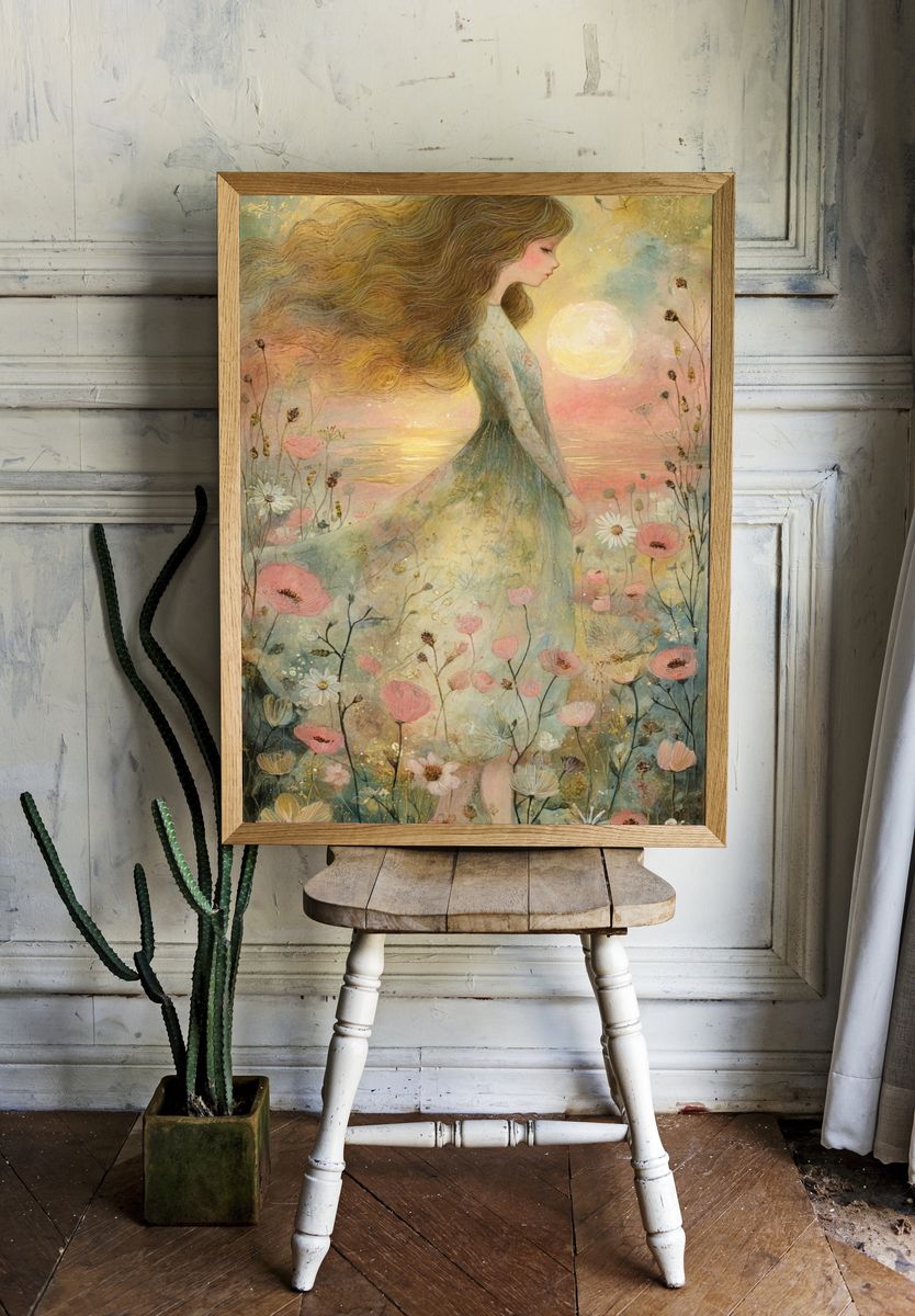 Dreamy Floral Girl Illustration Poster. — room view 1