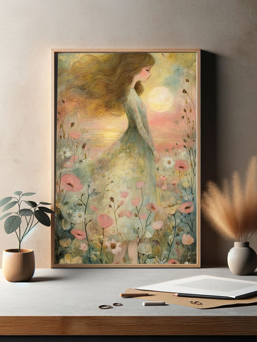 Dreamy Floral Girl Illustration Poster. — room view 2