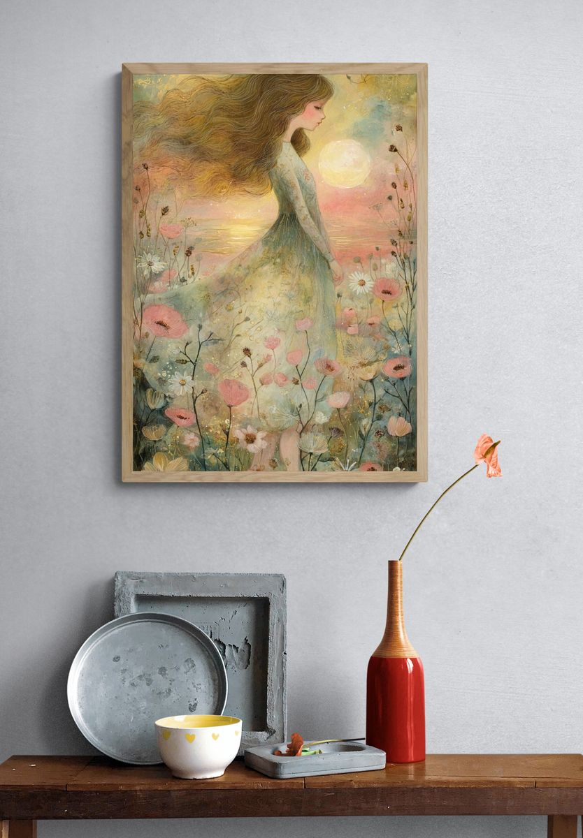 Dreamy Floral Girl Illustration Poster. — room view 3