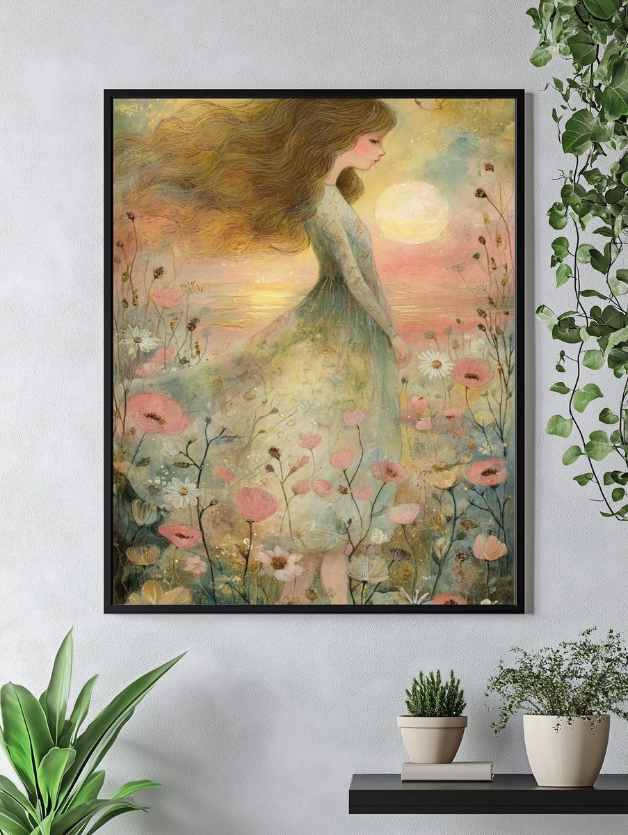 Dreamy Floral Girl Illustration Poster. — room view 4