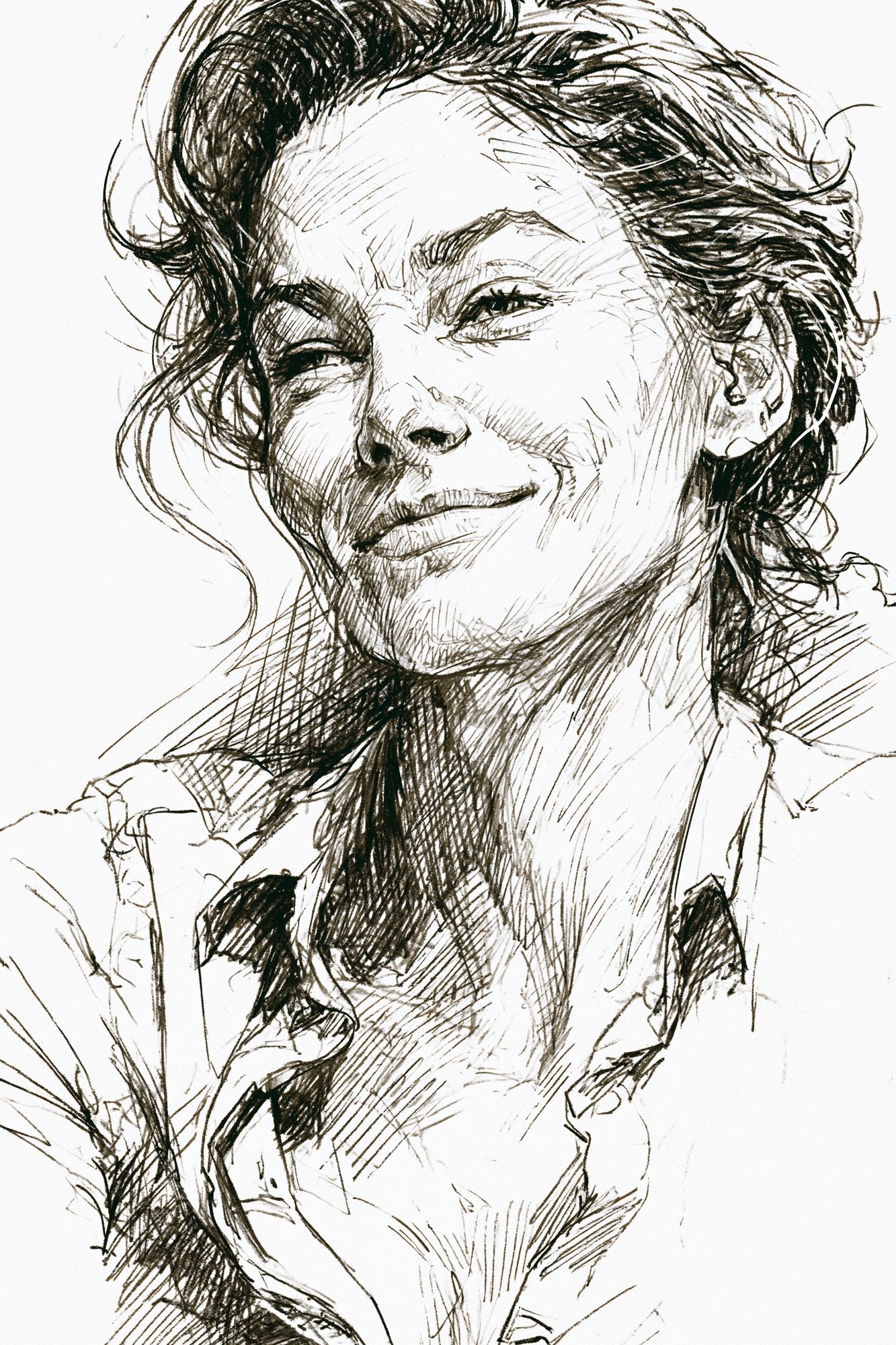 Smiling Woman Sketch Portrait Print. poster — illustration art