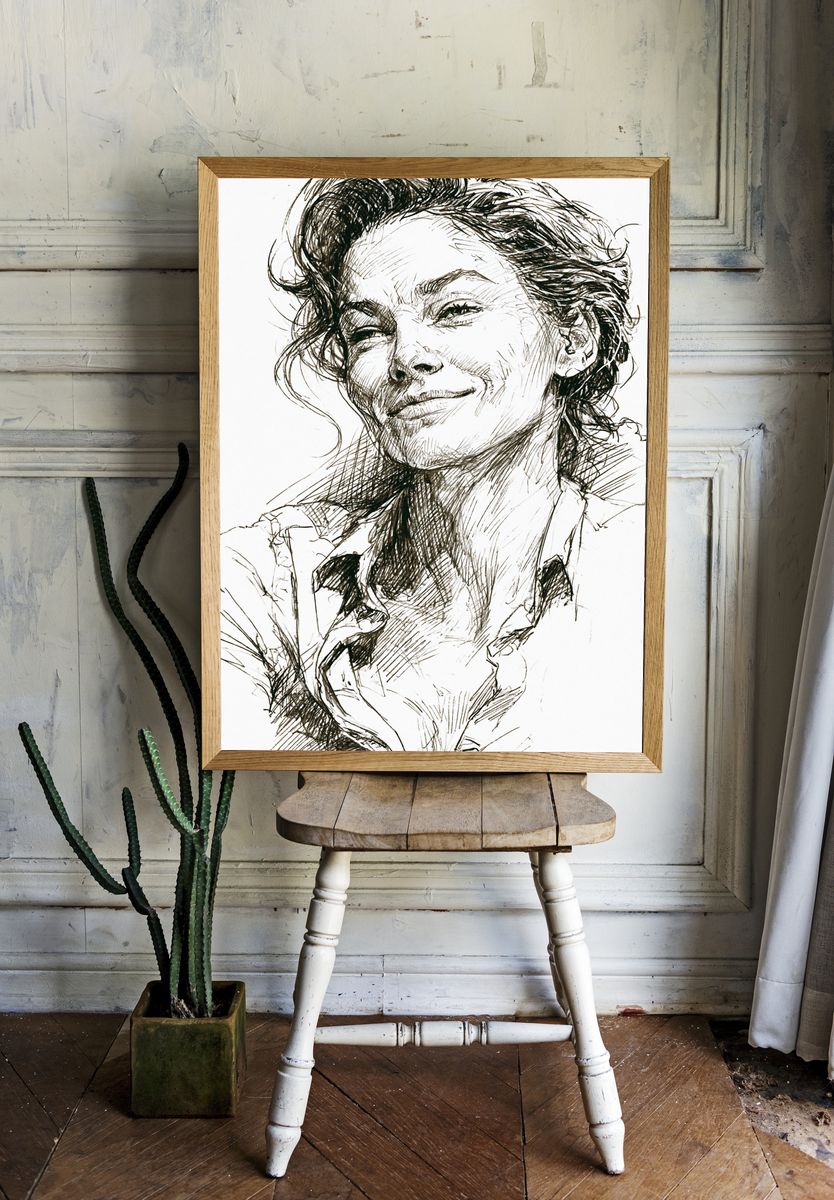 Smiling Woman Sketch Portrait Print. — room view 1