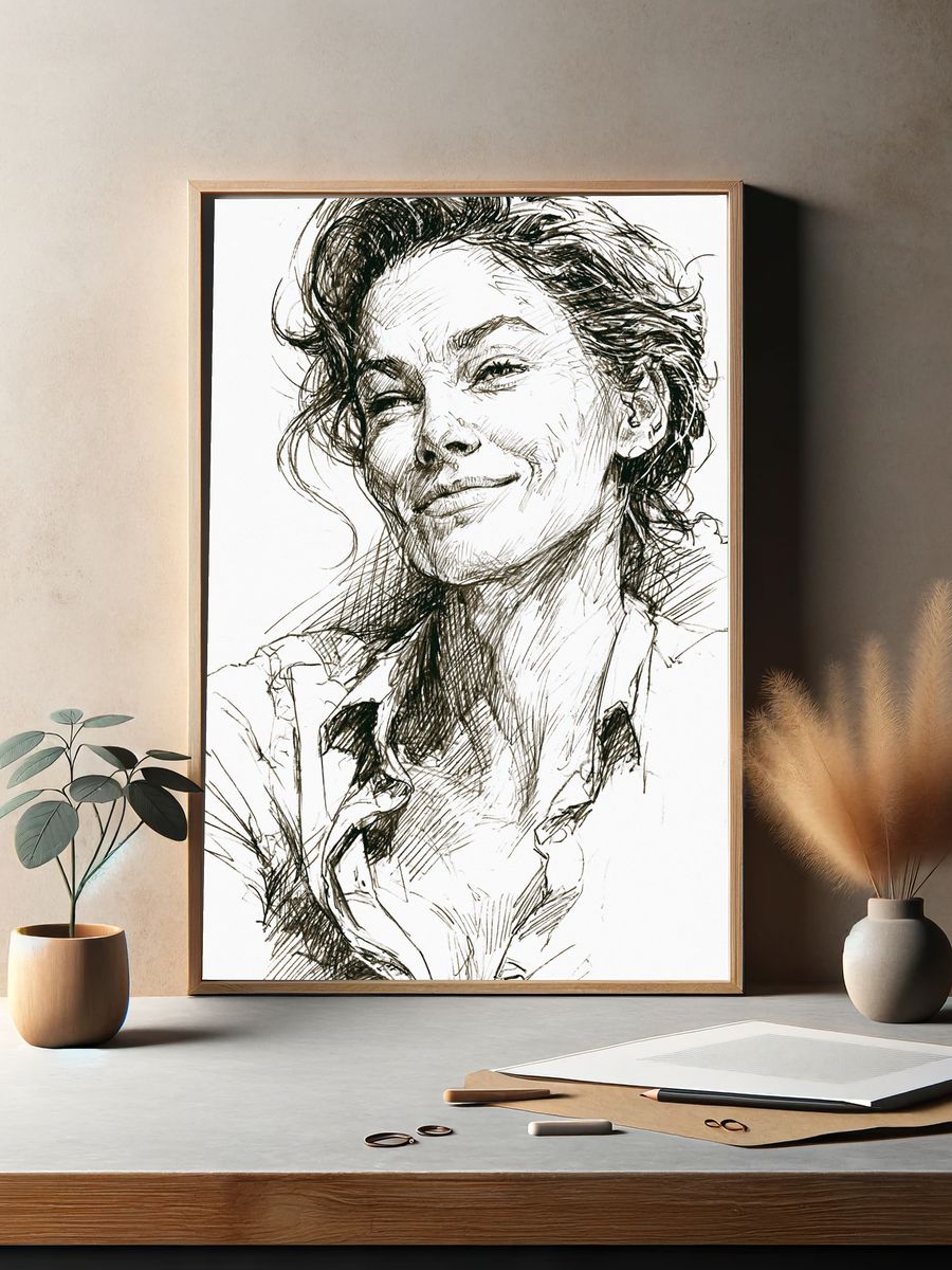 Smiling Woman Sketch Portrait Print. — room view 2