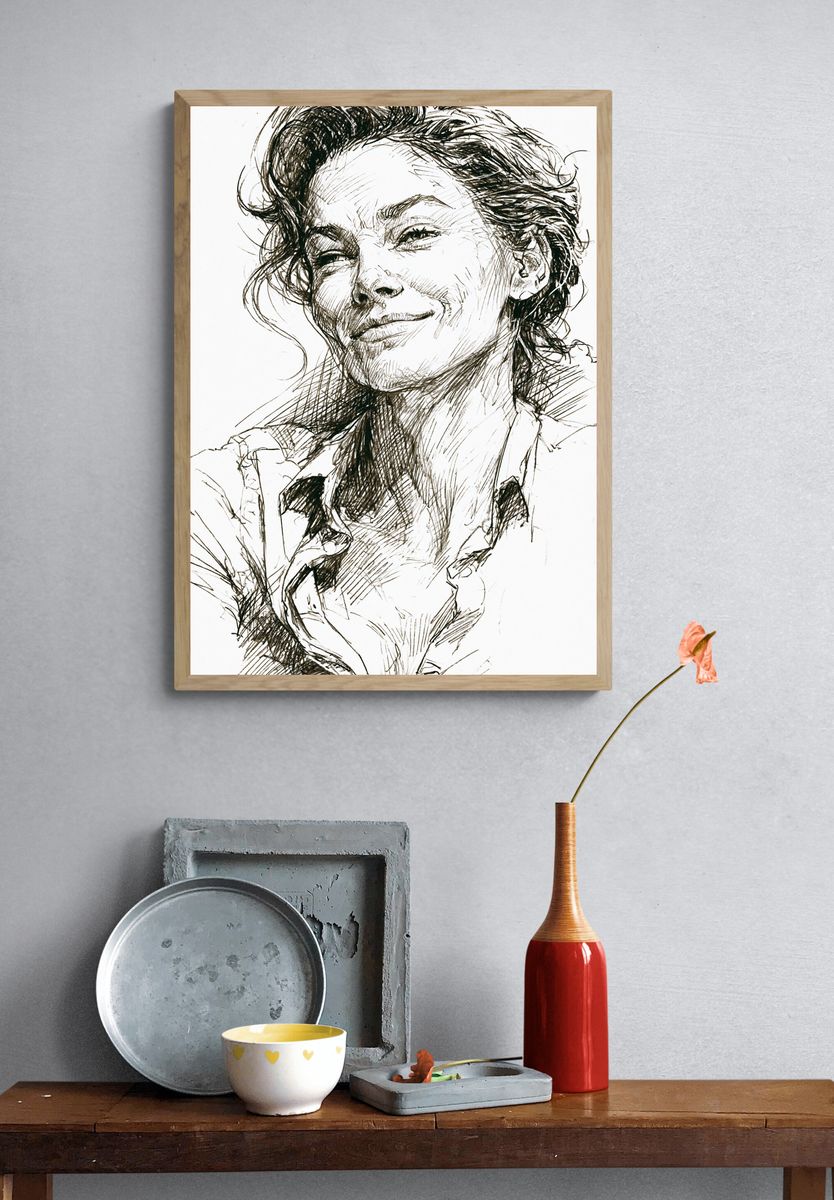 Smiling Woman Sketch Portrait Print. — room view 3