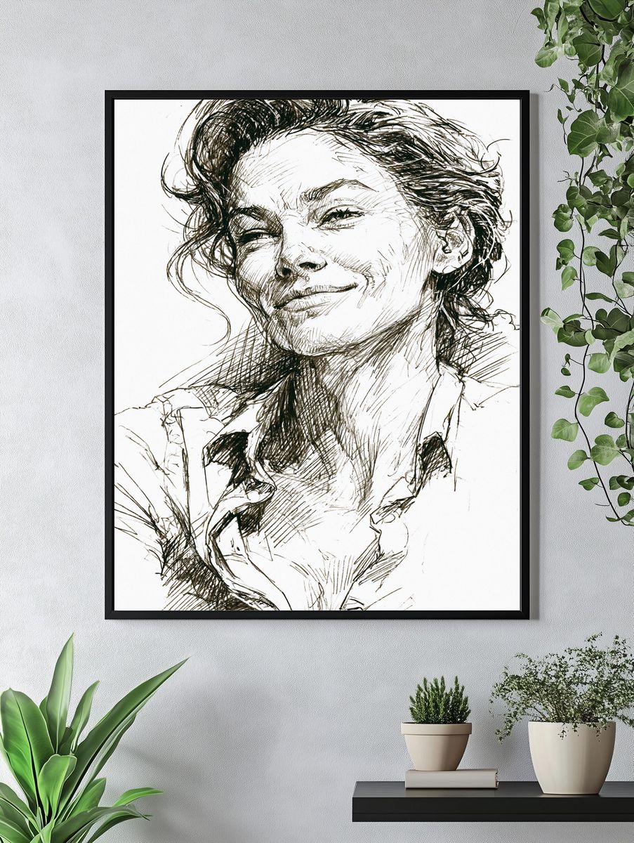 Smiling Woman Sketch Portrait Print. — room view 4