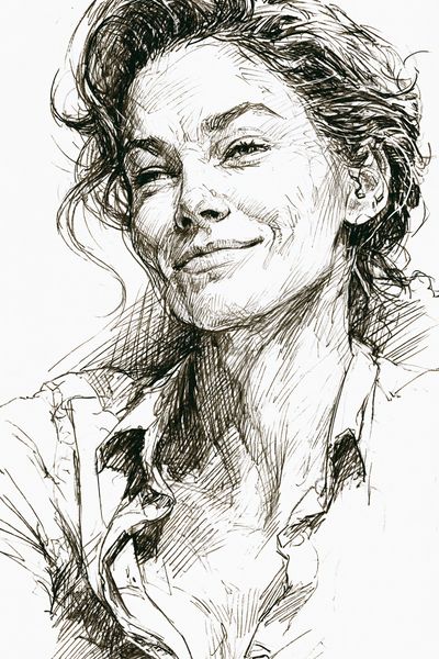Smiling Woman Sketch Portrait Print. poster
