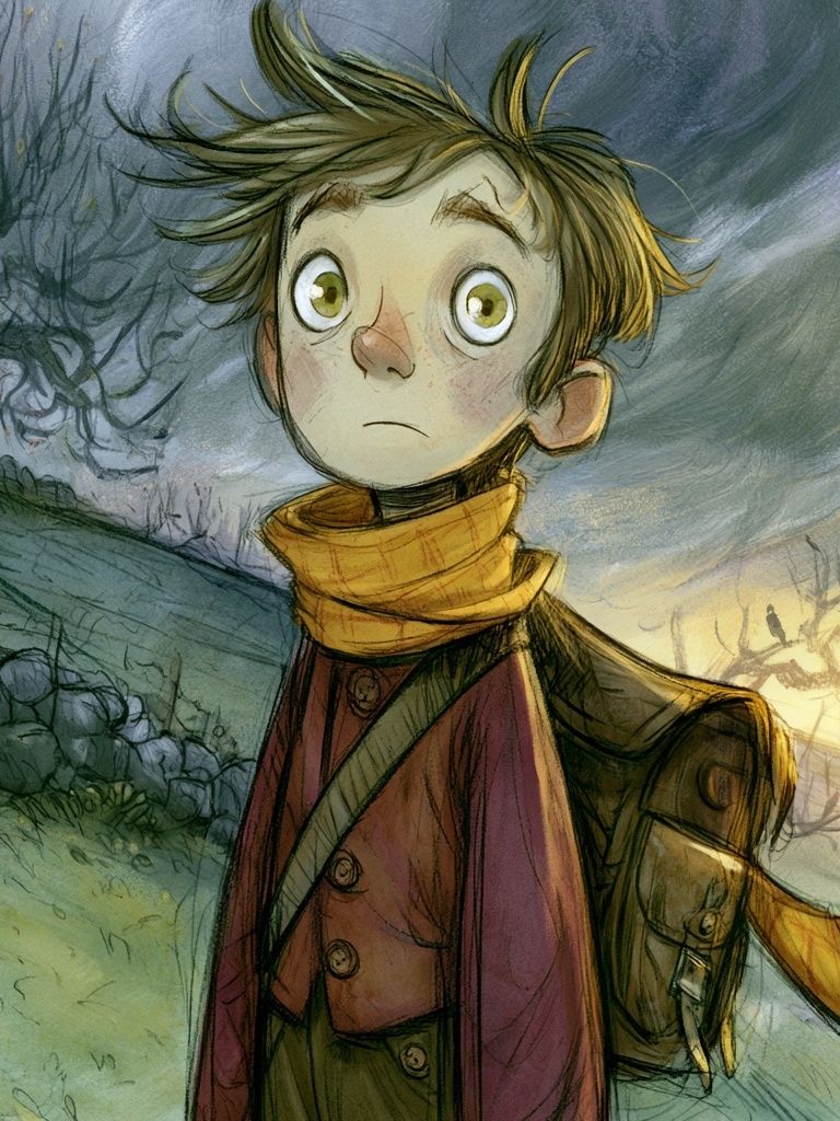 Whimsical Boy in Stormy Landscape Print. poster — illustration art