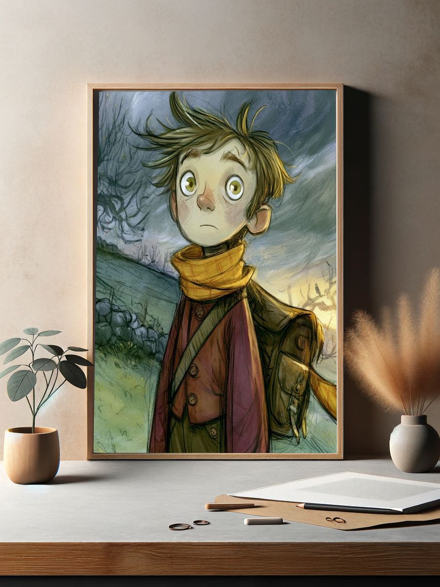 Whimsical Boy in Stormy Landscape Print. — room view 2