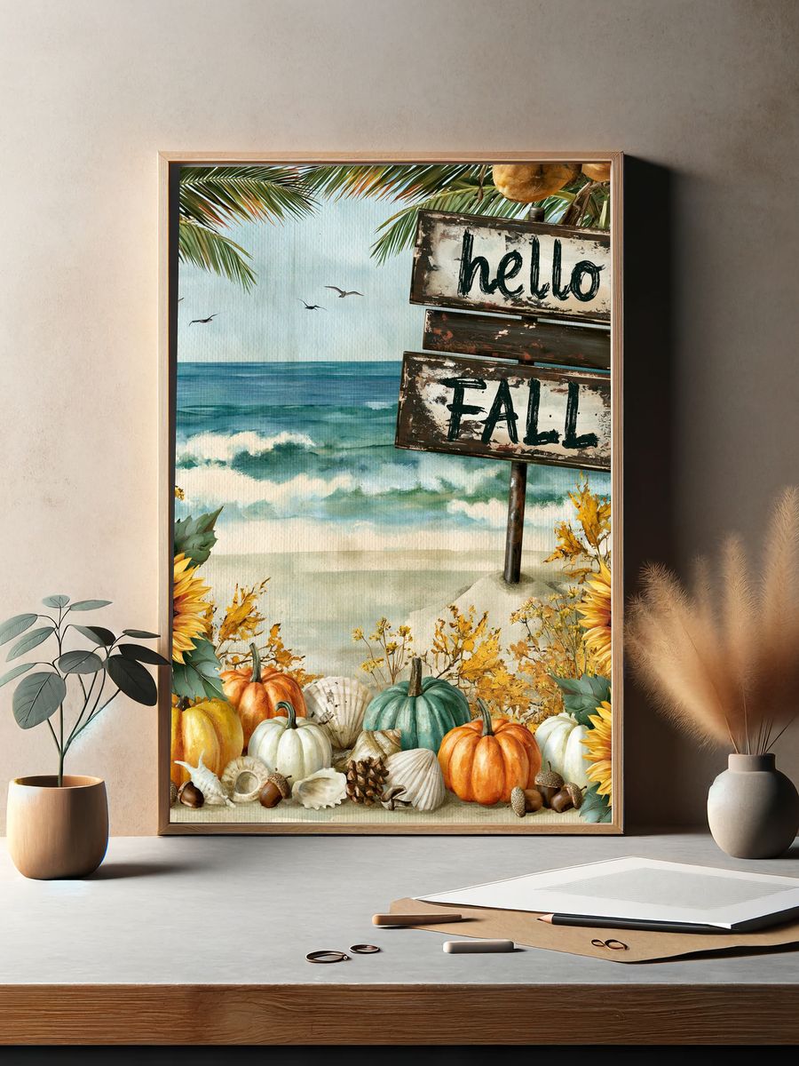 Hello Fall Beach Sign Poster. — room view 2